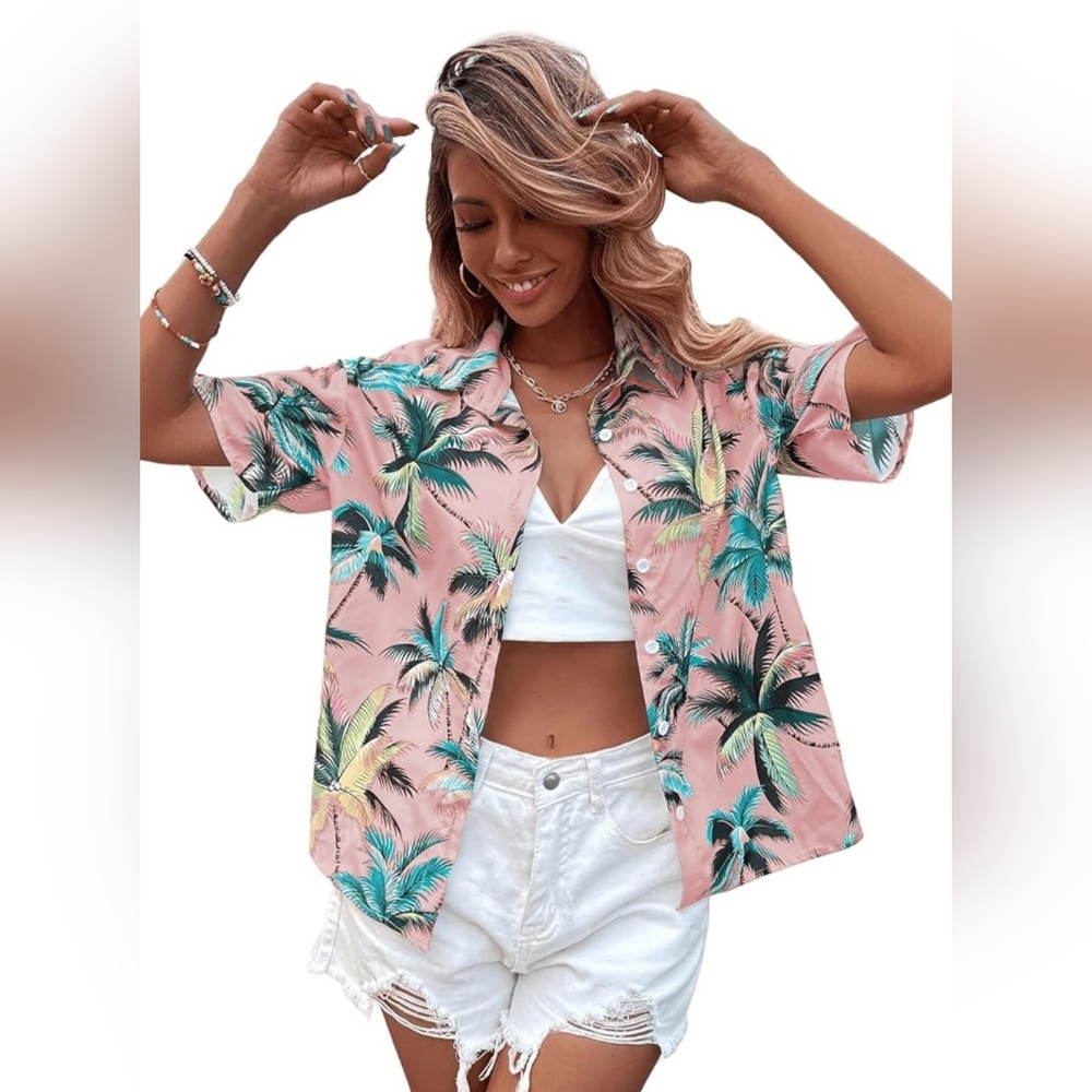 Women's Short Sleeve Tropical Print Button Down Shirt Anti-wrinkle Fabric